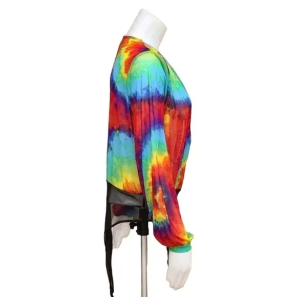 LOVE BRAND Rainbow Tie Dye Long Sleeve Bodysuit L Pride Festival Rave Faux Wrap - Picture 3 of 16